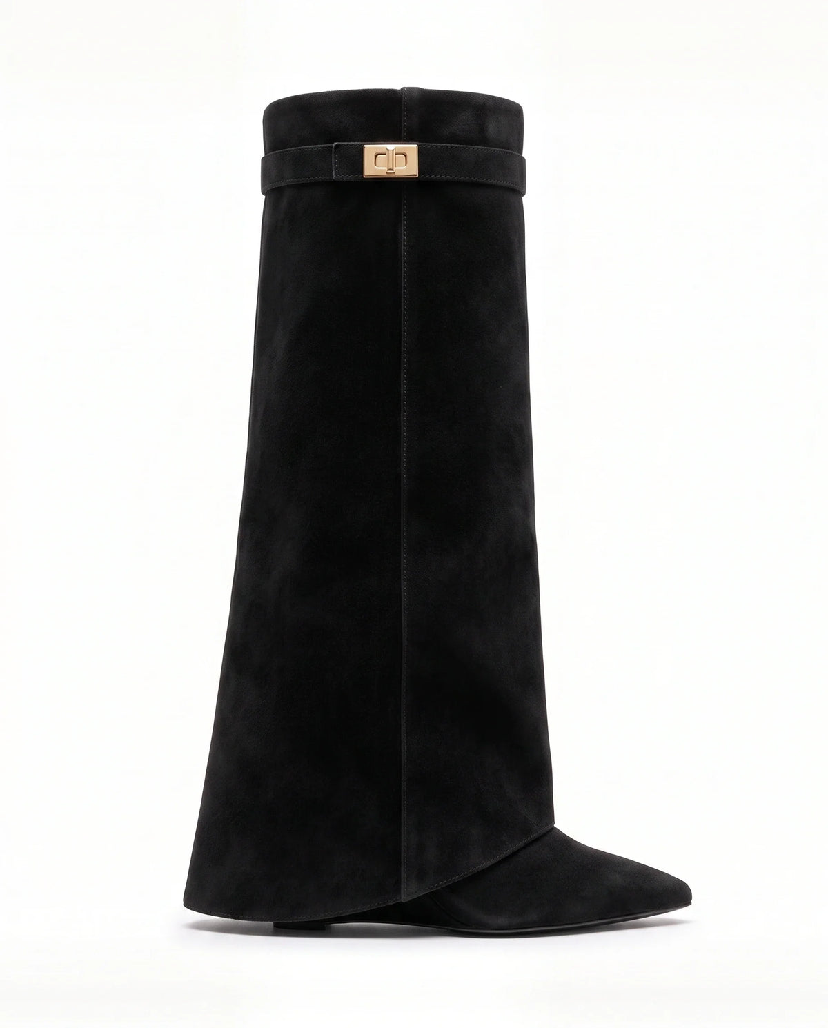 Damen Kniestiefel mit Verdecktem Keilabsatz und Überschlag 5