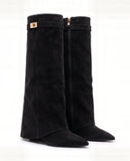 Damen Kniestiefel mit Verdecktem Keilabsatz und Überschlag 6