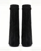 Damen Kniestiefel mit Verdecktem Keilabsatz und Überschlag 7