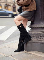 Damen Kniestiefel mit Verdecktem Keilabsatz und Überschlag 8