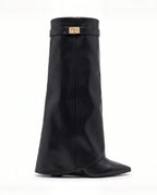 Damen Kniestiefel mit Verdecktem Keilabsatz und Überschlag 9