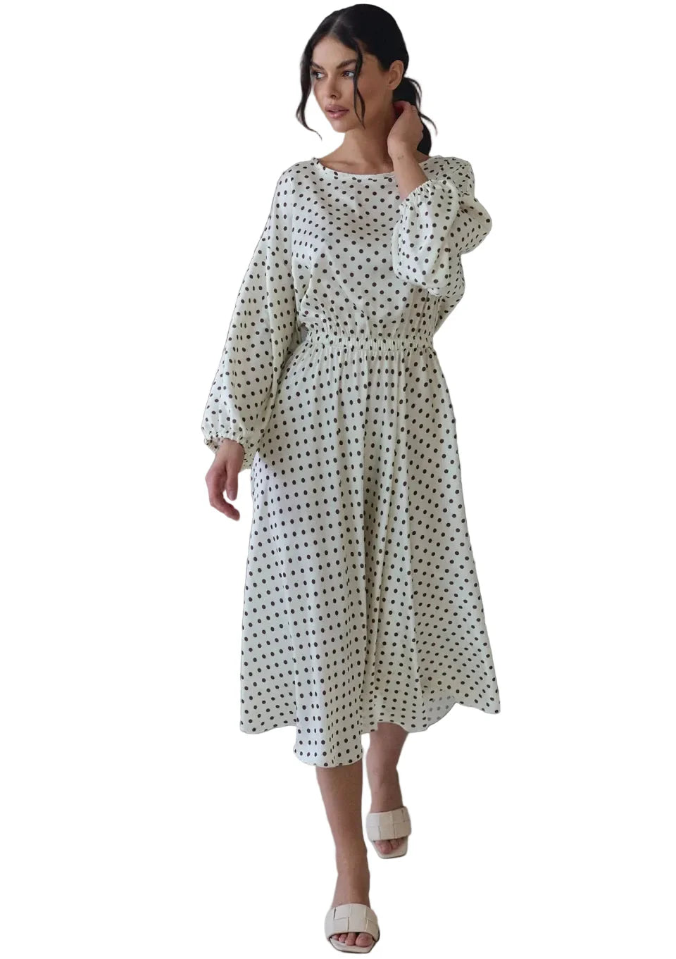 Damen Midikleid mit Weiten Langen Ärmeln und Punktedruck
