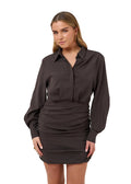 Damen Minikleid mit Langem Ärmel, Knöpfen und Raffung an der Taille