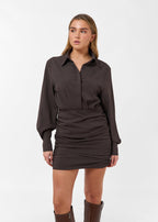 Damen Minikleid mit Langem Ärmel, Knöpfen und Raffung an der Taille Ansicht 2