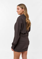 Damen Minikleid mit Langem Ärmel, Knöpfen und Raffung an der Taille Ansicht 3